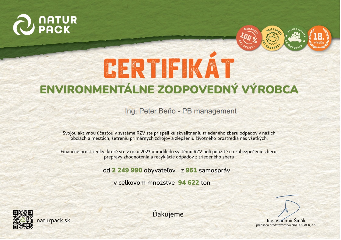 PBmanagement restoreshop certifikat naturpack